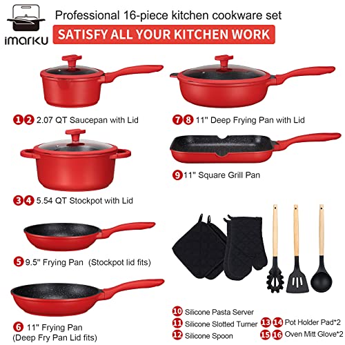 Pots And Pans Set Nonstick, Imarku 16-Piece Granite Nonstick Cookware Sets, Non Stick Cooking Set Induction Pots And Pans, Scratch Resistant, Gifts For Women And Men, Red #TOP1