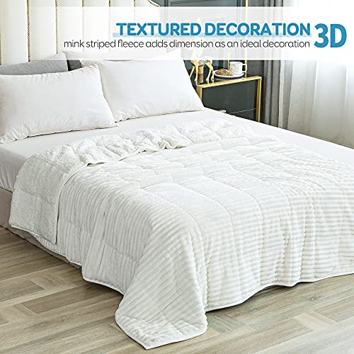 Lofus Sherpa Fleece Weighted Blanket Ribbed Microfiber Heavy Blanket, Mink Stripe Throw Blanket, Reversible Fluffy Sherpa Super Soft Warm, 48X72 Inch 15Lbs White #TOP4