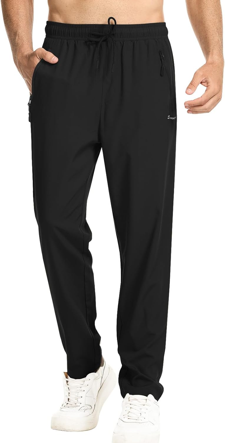 Surenow Men's Athletic Pants Elastic Waist Quick-Dry Lightweight Pants Workout Outdoor Sweatpants with Zipper Pockets