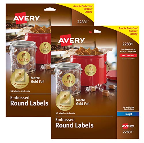 Étiquettes rondes gaufrées Avery 22831 dorées mates 5,1 cm pour jet d'encre x192