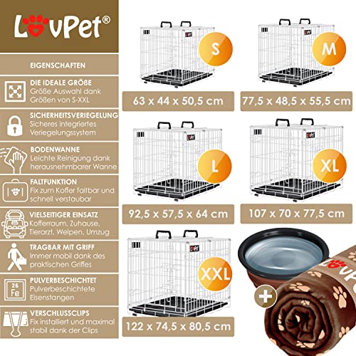 LOVPET® Hundekäfig klappbar Hundetransportkäfig Inkl. Fleecedecke + Napf Hundebox mit 2 Türen Transportkäfig Auto, Tiertransportbox Hundetransportbox mit Bodenschale 122 x 74,5 x 80,5 cm XXL Weiß