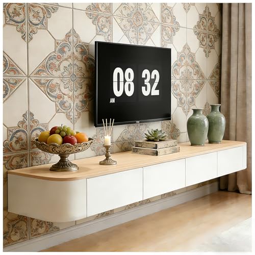 JUNFUNNLE Meuble TV suspendu - 240 cm - Beige - Avec 2 tiroirs et 2 rabats - Table TV moderne avec gestion des câbles - Table TV pour salon et salle à manger