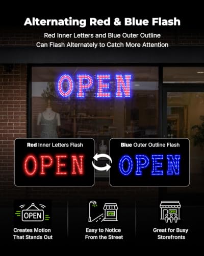 Image of 32 x 10 Inch LED Open Sign for Business - Timer via BT APP & Remote Control, Ultra Bright Open Sign with 14 Flash Modes, 6 Dimming Levels & 6 Speed Control for Salon Cafe Restaurant (Red & Blue)