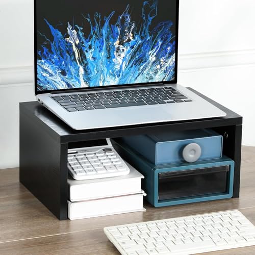 Image of Higher Monitor Stand Riser, Wood Monitor Riser with Storage for Desk Small Monitor Stand TV /Screen /PC /Laptop Riser Computer Stand Desktop Shelf (Black)