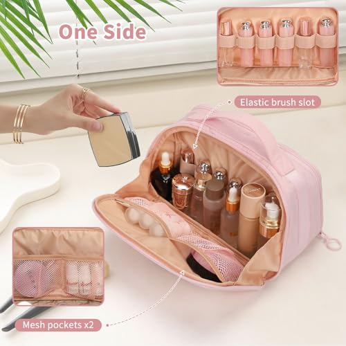 OCHEAL Travel Makeup Bag - Wide Open Flat Cosmetic Bag Organizer with Handle Portable Lightweight Toiletry Bag for Women's Girls Essentials Skincare Accessories-Pink2