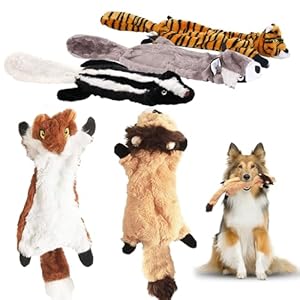 YAUYAP Dog Squeaky Toys, 5 Pack, No Stuffing Plush Animals for All Breeds, Interactive Chew Toys with Crinkle, Squeakers