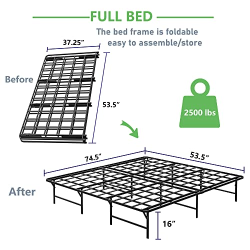 Ziyoo Full Size Folding Bed Frame, 16 Inch High, Heavy Duty 2500 Lbs Support Mattress Foundation, No Box Spring Needed, Easy Assembly, Noise Free-Black #TOP2