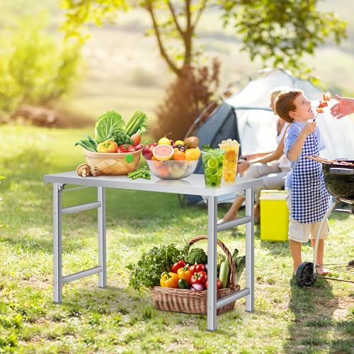 Stainless Steel Folding Table (48x24 in) - Commercial Work Table for Home, Kitchen, Restaurant, Garage, Camping, Outdoor, 520 lbs Load, Foldable Stainless Steel Workstation, Single Tier No Undershelf