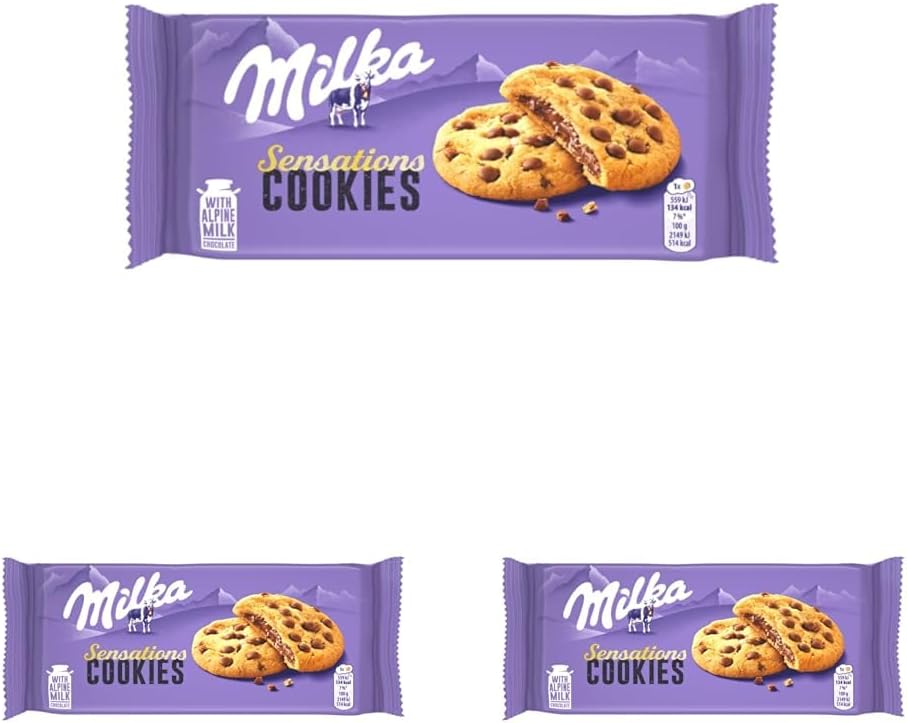 Milka, Cookie Sensations, Biscotto Croccante con Goloso Ripieno Milka e Pepite di Cioccolato al Latte, con Latte Alpino, Cacao Sostenibile, 156g (Confezione da 3)
