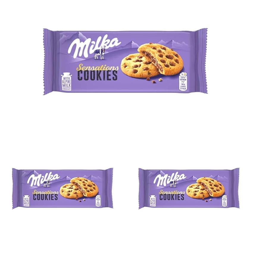 Milka, Cookie Sensations, Biscotto Croccante con Goloso Ripieno Milka e Pepite di Cioccolato al Latte, con Latte Alpino, Cacao Sostenibile, 156g (Confezione da 3)