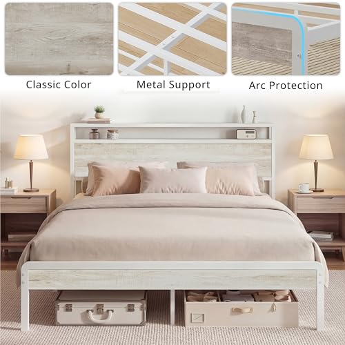 Image of LIKIMIO Queen Bed Frame with Headboard, Wood Camas Queen with Strong Supports, Sturdy, Noise-Free, No Box Spring Needed, White Maple