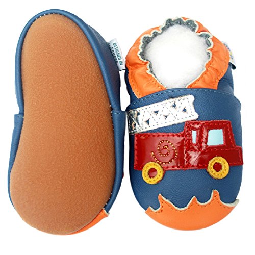 Rubber Sole Leather Baby Shoes boy Girl Infant Children Kid Toddler Crib Firetruck Rubber Sole Blue (6-12month, Blue)