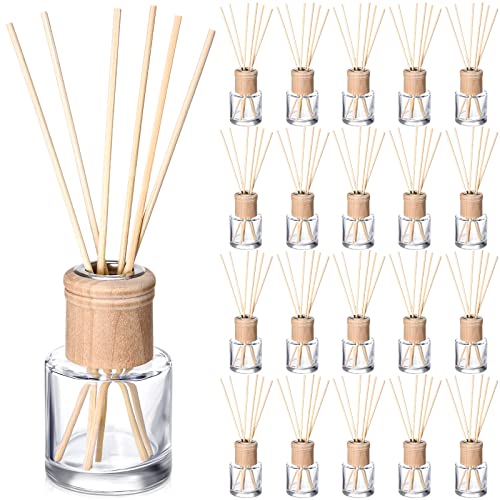 Roshtia 20 Set Reed Diffuser Bottle Empty Refillable Fragrance Glass Diffuser Bottles Set with Wooden Caps Sticks 50ml 1.7 oz Round Glass Jars for DIY Fragrance