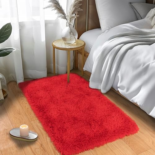 KING DARE Small Area Rugs for Bedroom, 2x3 Soft Throw Rug Shaggy Fuzzy Shag Plush Fluffy Anti-Slip Washable Floor Carpet for Bedside Closet Girls Boys Room Dorm Decor, Red Rug