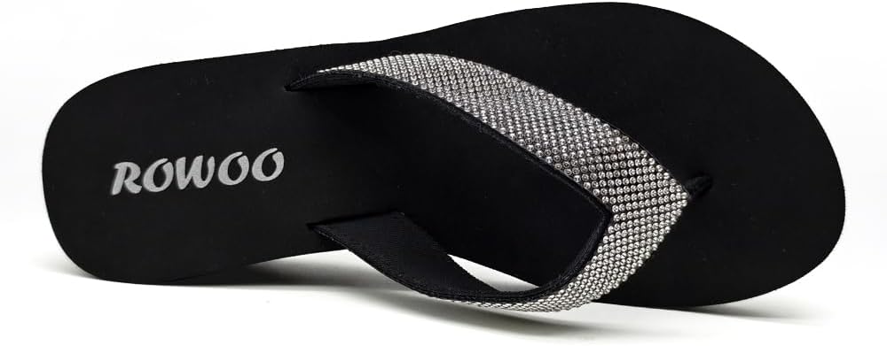 Women's Wedge Flip Flops, Black with Rhinestone Embellished Straps, Platform Thong Sandals