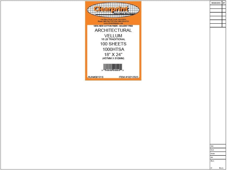 Clearprint 24" x 36" 1000H Design Vellum Sheets with Architect Title Block, 16 lb., 100% Cotton, 100 Sheets Per Pack, 1 Each