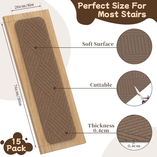 Aenithsy Stair Treads Non Slip Indoor, 15 Pack 30"x8" Stair Runners for Wooden Steps with Reusable Adhesive, Washable Stair Carpet Mats for Elders, Kids and Pets, Brown by Aenithsy - Image 2