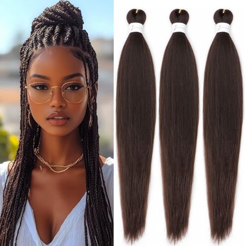 ADIASAI Chocolate Brown Braiding Hair Pre Stretched 16 Inch 3 Packs for Professional Braiding Hair Extensions, Hot Water Setting Yaki Texture Synthetic Hair(4#)