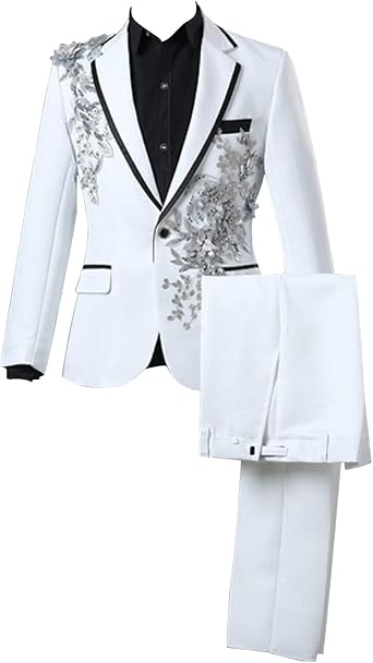 Mens 2 Pieces Luxury Embroidered Suits 1 Button Print Dinner Tuxedo Jacket Prom Wedding Elegant Blazer Dress Suit