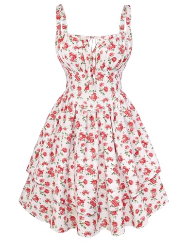 Scarlet Darkness Floral Mini Corset Dress for Women Teen 2026 Summer Spring Flowy A-Line Sundress with Pockets White Red-Rose Pattern L