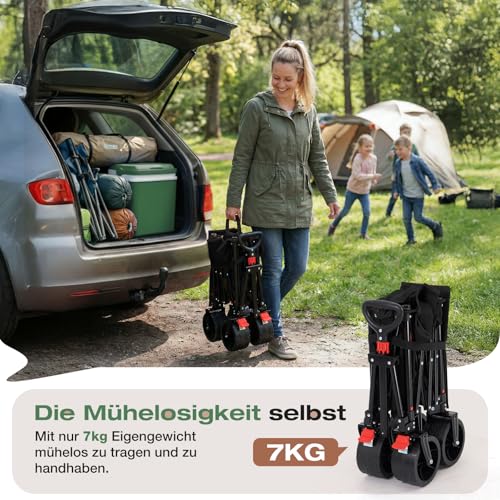 Sekey XXL Bollerwagen Faltbar 135L 150KG Belastbar, Leichter Faltbollerwagen mit Breite 17x8,5cm Räder Handwagen mit Bremse, Patentiert 4-Wege-Sofortaufbau Transportwagen, 4031 All Terrain, Schwarz