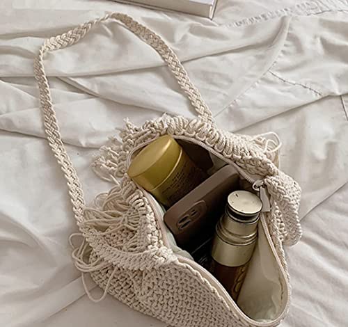 Image of Crossbody Purse for Women Cute Macrame Hobo Satchel Bags Knit Summer Beach Bag Tassels Shoulder Crochet Tote Handbag