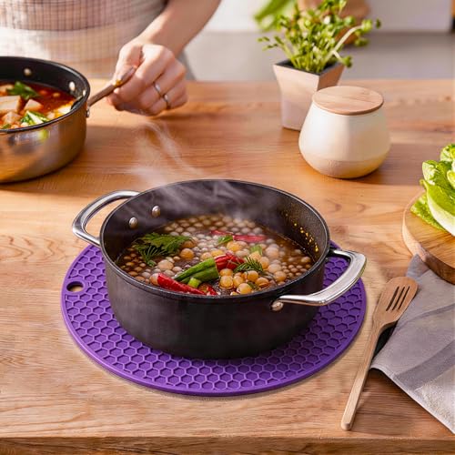 Image of Silicone Trivet Mats,Heat Resistant Pot Holders, Multipurpose Non-Slip Hot Pads for Kitchen Potholders, Hot Dishers, Jar Opener, Spoon Holder, Food Grade Silicone(Purple Size Round 7''x7'')