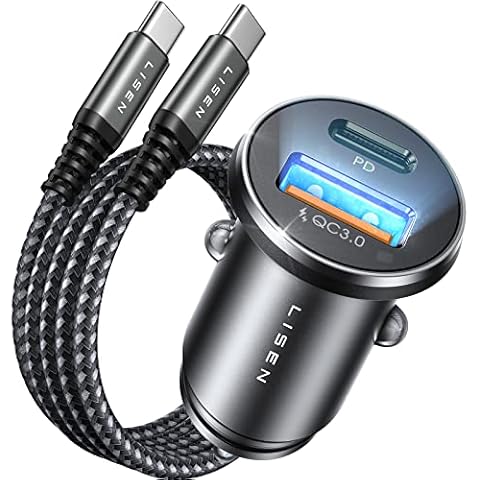 USB C Car Charger, 48W All Metal Cigarette Lighter USB Charger, LISEN USB Car Charger Adapter with 3.3ft Nylon Braided Type C Cable Flush Fit 12V Car USB Socket for Samsung S22/Pixel/Android, iPad Pro Cover