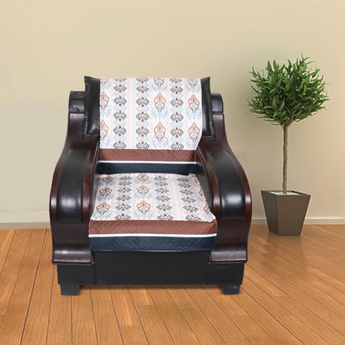 Image of 5 Seater Sofa Cover | Universal Non-Slip Fully Covered Protector for 3+1+1 Sofa Set | Durable Slipcover for Living Room Classic Heritage (Beige-Brown Charm)
