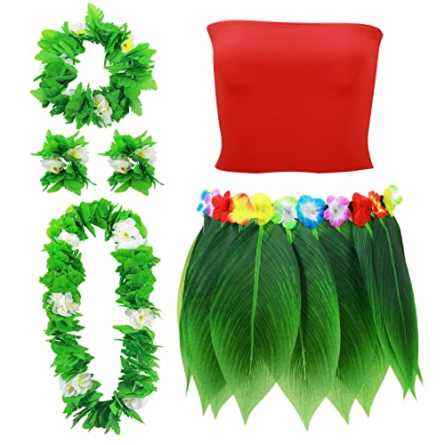 Yahenda 6 Pcs Hawaiian Woman Costume Leaf Hula Skirt with Crop Top, Flower Necklace and Leis for Summer Luau Party(Medium) by Yahenda - Used condition - US$15.32