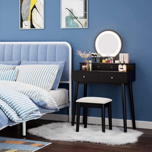 Hifit Vanity Desk With Lighted Mirror And Soft Cushioned Stool, Vanity Set With 6 Drawers, Makeup Vanity Desk With Touch Screen Dimming Mirror With 3 Color Lighting, Black And Beige #TOP5