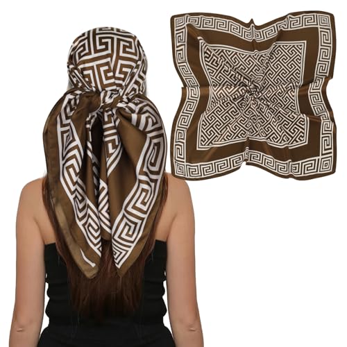 EXTREE Women's 35 inch Fashion Headscarf Silk Satin Scarf for Hair Wrapping at Night Bandana Square Scarf for Sleeping Dark Brown Square Scarf
