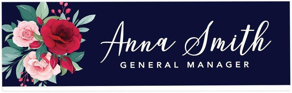 Andaz Press Office Desk Name Plate, Navy Blue with Florals Personalized Acrylic Custom Name Title Plate for Home, Desk, Teacher, Boss, Work Customized Nameplate Sign Decorations for Women, 8" X 2.5"