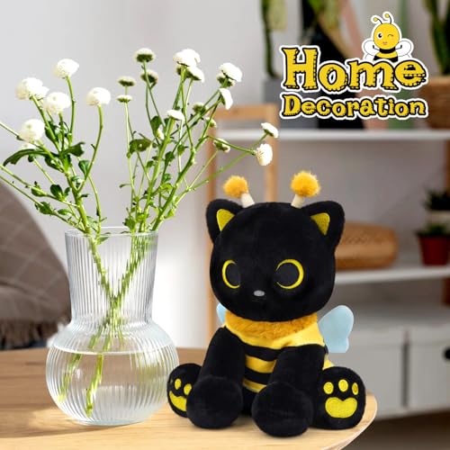 Image of Cat Bee Plush, 8inch Kawaii Black Cat Plush with Honeybee Outfit Costume, Cute Plushies Kitten Stuffed Animal Soft Huggable Plushies Toy for Kids Christmas, Birthday Gifts