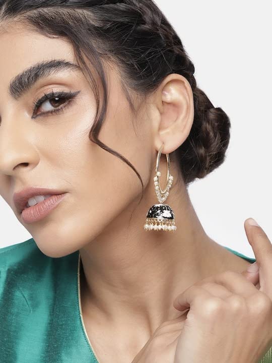 I Jewels 18K Gold Plated Black Meenakari Jhumki Earrings - Image 4