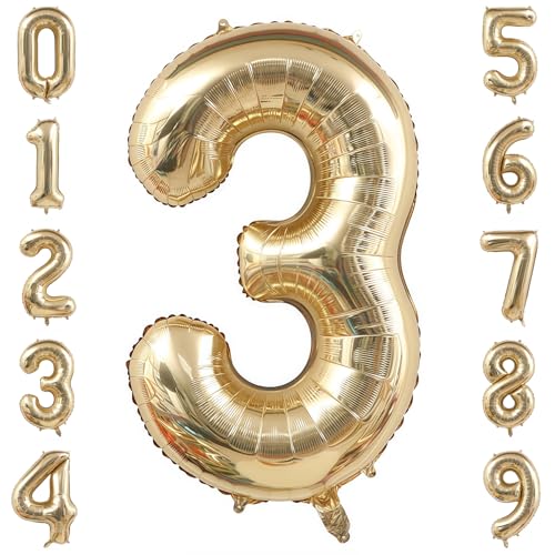 Image of Champagne Gold 3 Balloon Number,40 Inch Light Gold 3 Balloons Big Foil Mylar Helium Number 3 Balloon for Birthday Party Anniversary Decorations