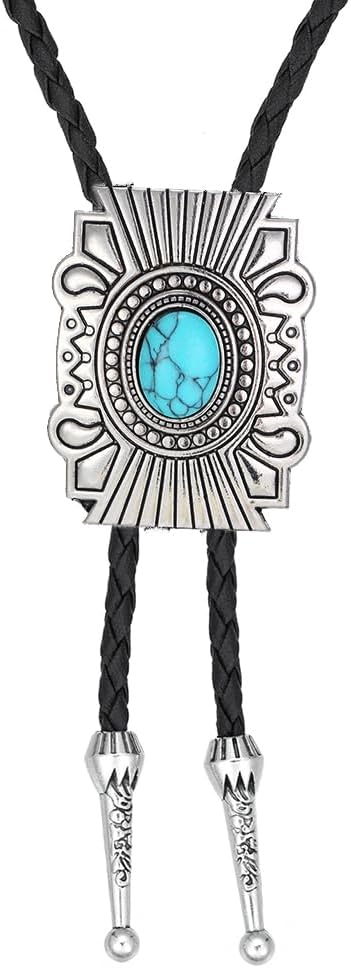 AZORA Western Turquoise Bolo Tie for Men Women Oval Concho Leather Necktie Adjustable Cowboy Accessory