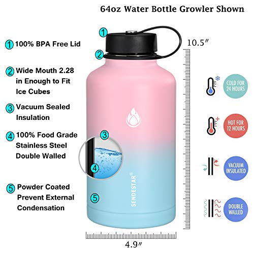 Sendestar 64 Oz Water Bottle Double Wall Vacuum Insulated Leak Proof Stainless Steel Beer Growler +2 Lids—Wide Mouth With Flat Cap & Spout Lid Includes Water Bottle Pouch (Peach&Light Blue) #TOP1