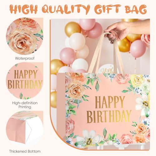 Image of JMANNI Large Happy Birthday Gift Bag with Tissue Papers and Greeting Card,Portable Paper Gift Bags with Handles,Pink Floral Present Bags for Women Birthday Party Mother's Day 13 inch x 10.2 inch x 4.7 inch