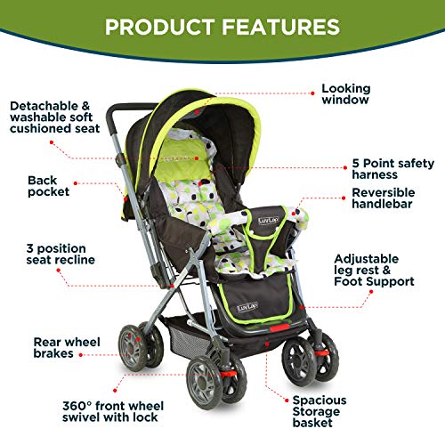 Image of LuvLap Sunshine Stroller /Pram, Easy Fold, for Newborn Baby /Kids, 0-3 Years (Light Green) & Elegant Baby Carrier with 4 carry positions, for 4 to 24 months baby, Max weight Up to 15 Kgs (Black & Green)