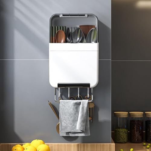 LIVIA 箸立て 水切り 箸入れ カトラリースタンド カトラリー 収納 壁掛け式 カトラリーホルダー キッチンツールスタンド おしゃれ 食器収納 キッチン用品 キッチン収納 多機能ラック 台所収納 (ホワイト,蓋付き)