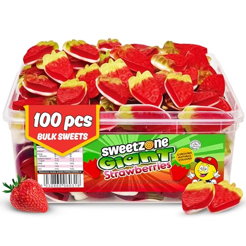 Sweetzone Giant Strawberry Gummy Sweets, Fruity Soft Retro Sweeties Halal Candy, Bulk Sweet Box 800g, 100 Pcs Bulk Sweet Tubs Of Gummies, Perfect For Kids Party Fun And Strawberry Lovers