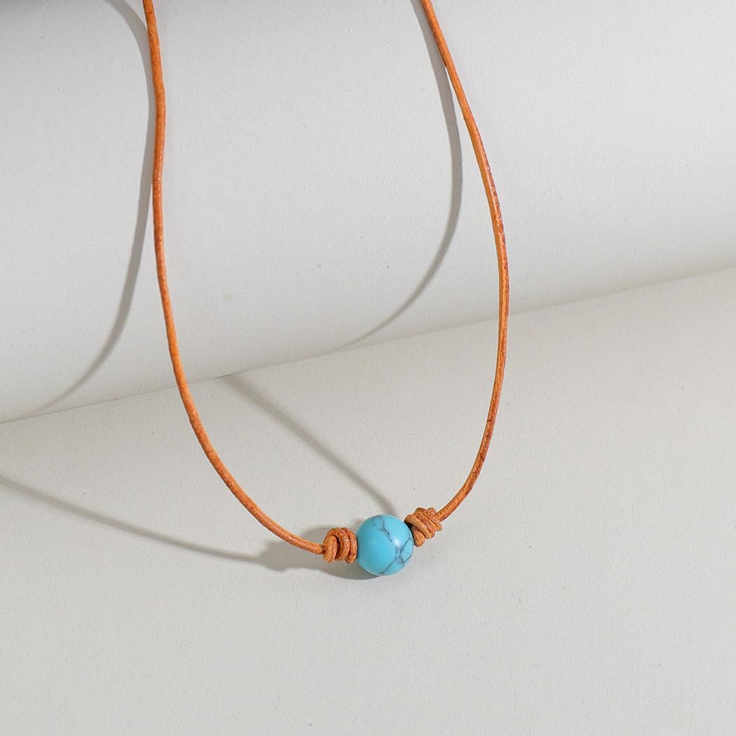 Boho Vintage Choker Necklace Brown Leather Choker Necklace Turquoise Pendant Necklaces for women - Image 2