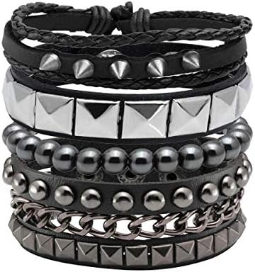 Eigso 4 Pcs Punk Leather Bracelet Hematite Black for Men Women Adjustable Spike Metal Cuff Bangle