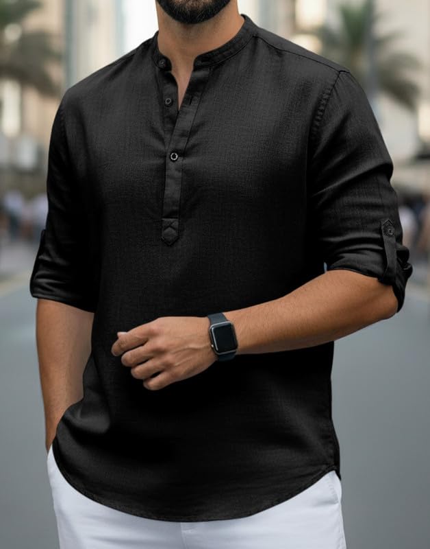 Image of Men Cotton Blend Mandarin Collar Casual Kurta Shirt | Roll-Up Sleeves | Regular Fit Ethnic Short Kurta for Daily