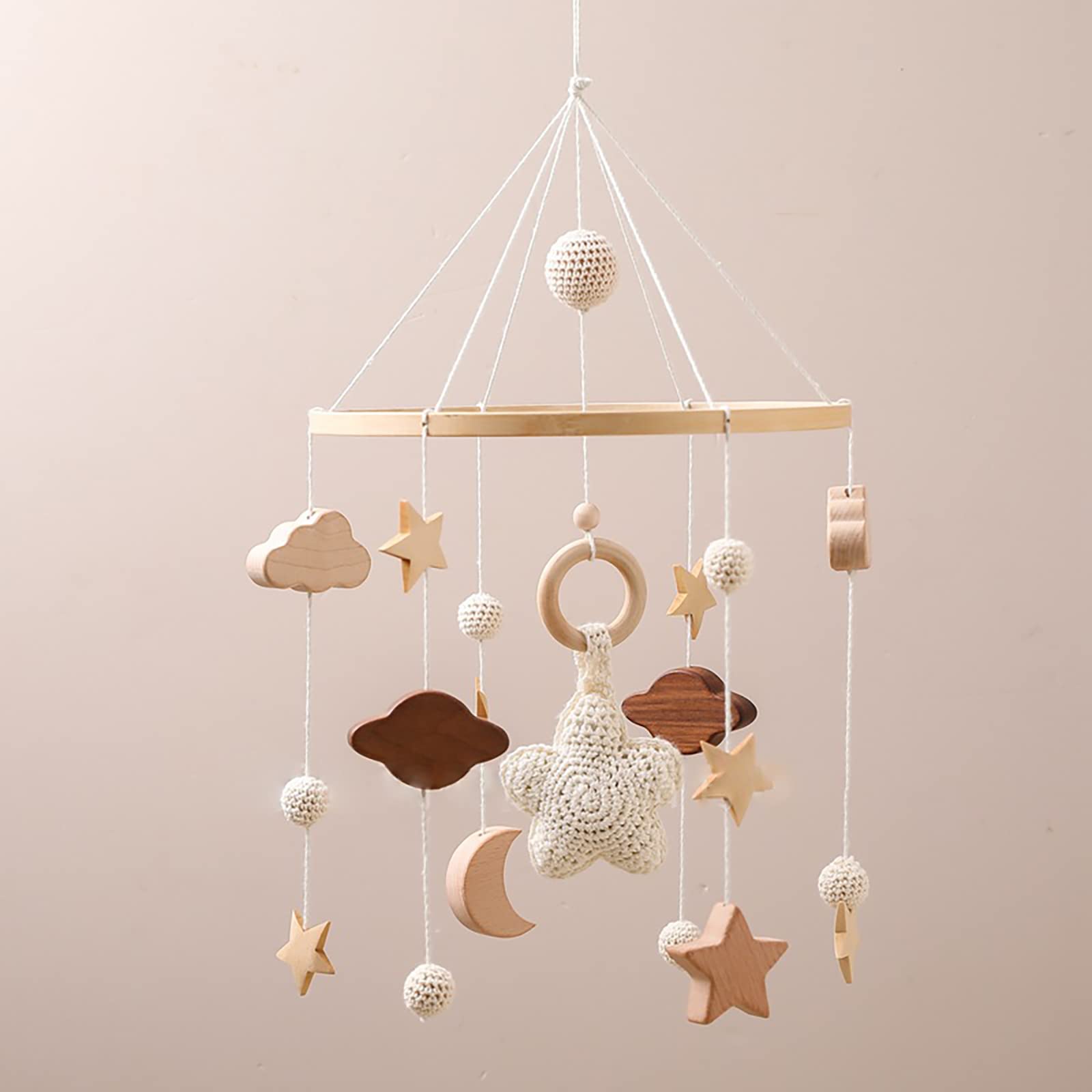 Babybett Mobile Baby Windspiel, Mobile Baby Holz mit Filzbällen und Wolken Ornament Kinderzimmer Hängende Bettglocke Geschenk für Baby Mädchen oder Jungen, Rassel Spielzeug, Beige A