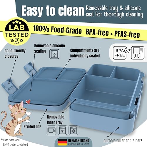 Image of BEARFOOT Kids Lunch Box with Compartments - Compact & Lightweight | Leak-Proof, BPA-Free, Dishwasher Safe | Hand-Drawn Design for Preschool, School, Travel (Sticker Blue, 4 Cups) | BPA Free Leakproof Lunch Box with Compartments School & Nursery for Girls & Boys Lightweight & Compact