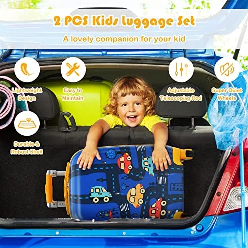 COSTWAY Kids Luggage Set, 2 PCS Backpack & Suitcase with Wheels and Height Adjustable Handle, Hard Shell Travel School Trolley Case for Boys Girls (12"+18", Navy Blue)