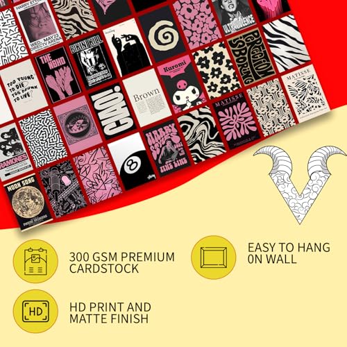 Image of VEENSHI Paper Pack of 54 Aesthetic Black & Pink Retro Wall Collage Kit, Vintage Aesthetic Room Decor | 300GSM