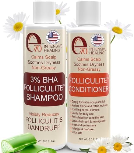 Folliculitis Treatment Shampoo and Conditioner with 3% BHA, Salicylic Acid, Aloe Vera & Tea Tree Oil - Anti Itch Shampoo for women & men with Flaky Scalp Treatment Acne, Made in USA by e70, 8 fl oz